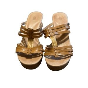 UGG Brown Leather Wedge Sandals Strappy Slip On Boho Size 10